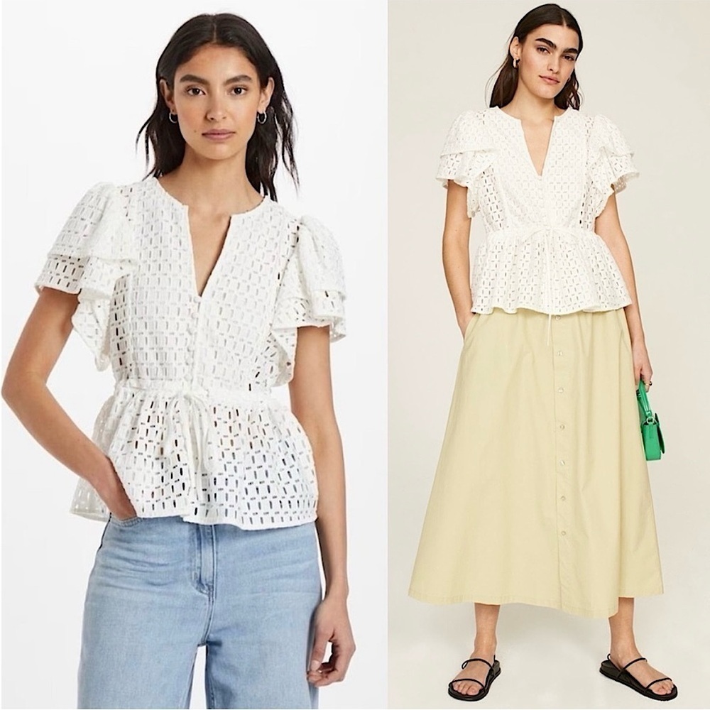 HOFMANN COPENHAGEN Eyelet Lace‎ Ruffle Tier Short Sleeve V-Neck Tie Waist Top 4